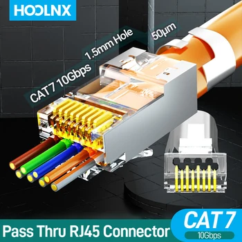 Проходные разъемы Hoolnx Cat7 RJ45 3 Зубца CAT6A 50U Позолоченный Двухсекционный Экранированный Проходной Модульный штекер для FTP/STP-кабеля