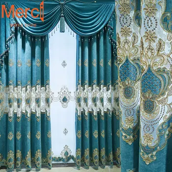 Шторы в европейском стиле для гостиной, столовой, спальни, Роскошная Вышитая Тюлевая занавеска на окно, Синий Синелевый Балдахин на заказ