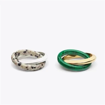 Индивидуальное модное двойное кольцо Ins, комбинированное кольцо с натуральным камнем, малахит, Ретро-универсальные украшения