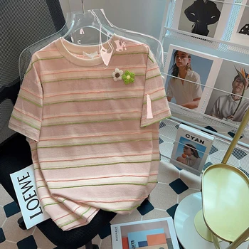 Хлопковая футболка в полоску с коротким рукавом, Женская летняя коллекция 2023, корейская версия, топ с круглым вырезом и вышивкой цветов, Свободные женские футболки